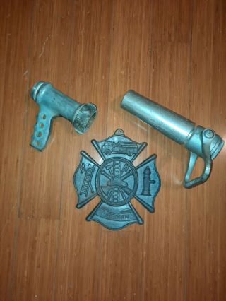 2 Vintage Fireman Fire Hose Nozzle & Maltese Fire Cross