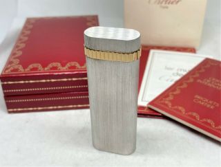 Auth Cartier 2 - Tone Bi - Color Silver & Gold Oval Lighter W Box,  Case & Papers