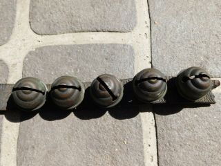 Antique Vintage Metal Brass Sleigh Bells Leather Strap See Pictures