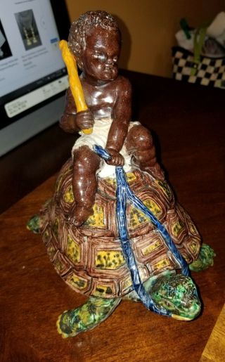 Antique RARE Majolica Tobacco Jar with Black Boy riding a Turtle Early Piece 2