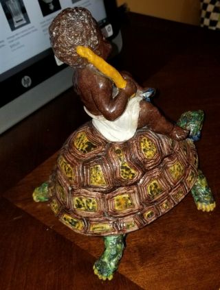 Antique RARE Majolica Tobacco Jar with Black Boy riding a Turtle Early Piece 3