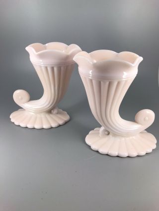 Vintage Jeanette Vases - Pink Milk Glass - Set Of 2 - Horn Of Plenty.  11c