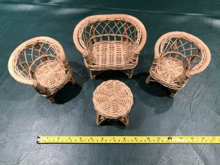 Vintage Wicker Rattan 2 Chairs,  1 Sofa,  1 Table Barbie Sized Patio Furniture