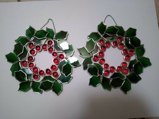 Vintage Stain Glass Sun Catchers Christmas Wreath Set Of Two 9 " Wide