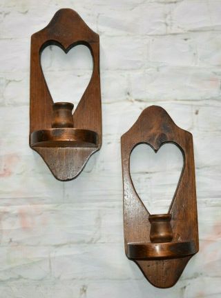 2 Vintage Wood Wooden Sconce Candle Holders Heart Cut Outs 10.  5 " X 4 " Wall Decor