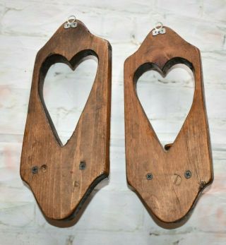 2 Vintage Wood Wooden Sconce Candle Holders Heart Cut Outs 10.  5 