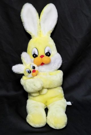 Vintage Interpur Bunny Rabbit Mom Hugging Baby Yellow 19 " Plush Stuffed Animal