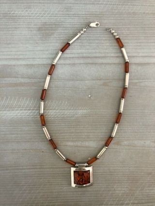 Unique Vintage Silver And Amber Pendant Necklace 18 Inch Chain