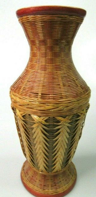 Vintage Mcm Rattan Wicker Bamboo Wrapped Ceramic Flower Vase Hand Made Asian Art