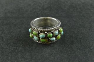 Vintage Sterling Silver Turquoise & Green Stones Wide Ring - 14g