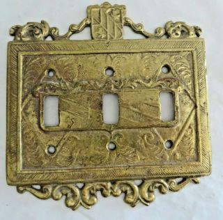 Vintage Solid Brass 3 Pole Switch Plate Cover Ornate 10514