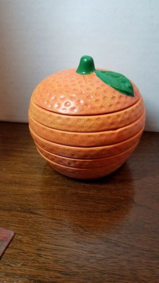 Vintage Alco Ceramic Orange Coaster Set Stacking Fruit Coasters - Rare Unique