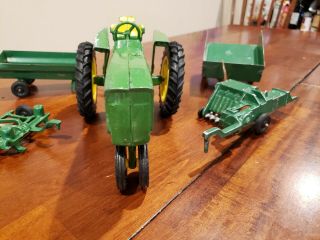 VINTAGE John Deere diecast green metal toy tractor with accessories 2