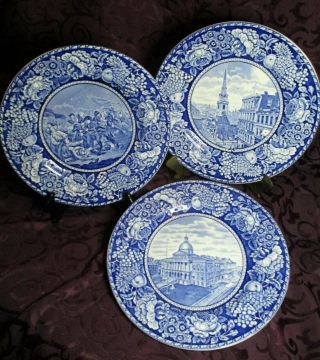 3 Vtg Ye Olde Historical Pottery Staffordshire England Blue Transferware Plates