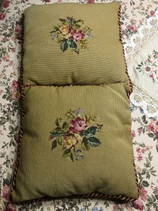 2 Vintage Antique Victorian Tan Red Floral Rose Needlepoint Pillow Complete