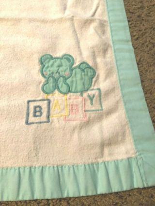 Vintage Cuddle Time Baby Blanket Bear Abc White Pastel Green Trim Unisex Usa