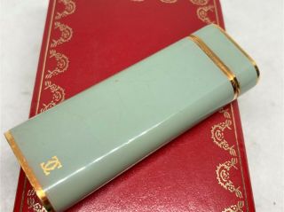 Auth Cartier K18 Gold Trim Enamel Composite Oval Lighter Light Green W Case
