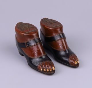 Pair Antique Treen - Wood & Brass Pique Shoe Boot Snuff Box 19th C