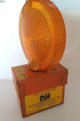 Vintage Protect O Flash Construction Road Flashing Light Orange Solar Warning
