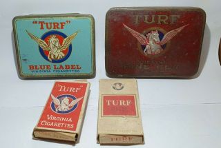 Old Red Turf & Old Blue Turf Tobacco Tins & 2 X Old Turf Cigarette Packets