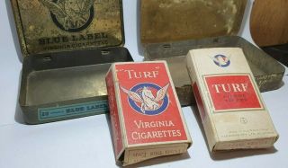 Old RED TURF & Old BLUE TURF tobacco tins & 2 x old TURF cigarette packets 2