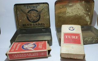 Old RED TURF & Old BLUE TURF tobacco tins & 2 x old TURF cigarette packets 3