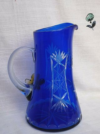 Vintage Bohemian / Czech Blue Crystal Cut To Clear Glass Pitcher 9 1/2 " Tall