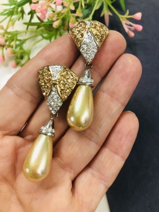 Vintage Gold Silver Tone Faux Pearls Rhinestones Tear Drop Pierced Earrings 2 " T