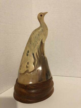 Vintage Horn Sculpture Peacock Statue Figure Hand Carved Glass Eyes Signed