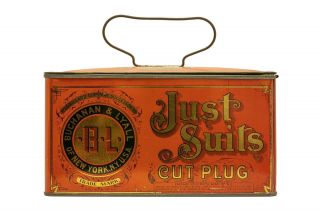 Rare 1910s " Just Suits " Litho Lunch Pail Tobacco Tin In