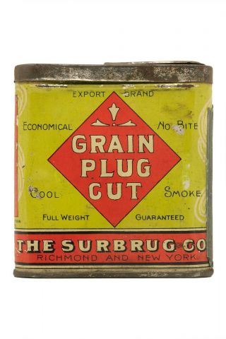 Rare 1902 " Grain Plug " Vertical 1 2/3 Oz.  Pocket Tobacco Tin In