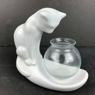 Haeger White Cat And Glass Fish Bowl Vintage Mid Century Modern Ceramic Kitten