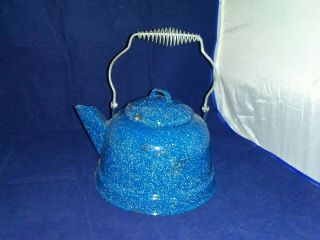 Tea Kettle Blue Speckled Graniteware Vintage Enamelware Coffee Pot Camping