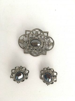 Vintage Silver Hematite Brooch Pin And Earrings Set