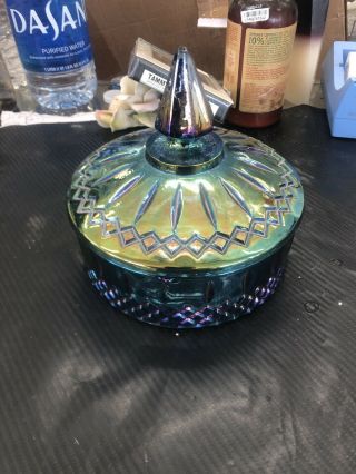 Vintage Indiana Blue Carnival Glass Iridescent Windsor Style W/ Lid Candy Holder