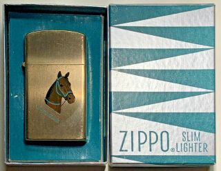Vintage 1960 Town & Country 2 - Sided Slim Zippo Horse - 10K G.  F.  in Green Box 2