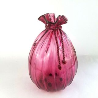 Vintage Pilgrim Cranberry Glass Bag Vase With Silk Tie 9 1/2 " Tall Blown Glass
