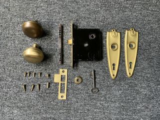 Vintage Brass Door Knobs & Mortise Lock W/skeleton Key,  Hardware & Keyhole Cover