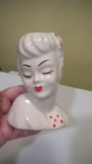 Vintage Glamour Lady Head Vase White W/ Red Accents 5 1/2 " Tall