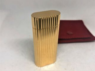 Auth Cartier K18 Gold - Plated Godron Striped Short Lighter Gold W Suede Pouch