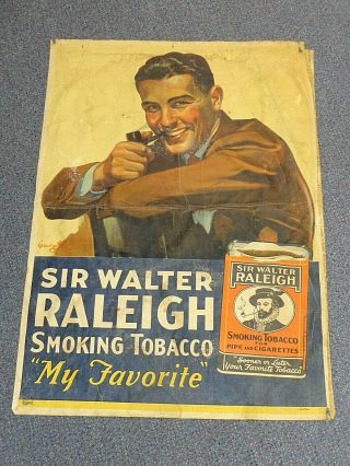 Rare 1930s Advertising Sir Walter Raleigh Tobacco Large Cloth Store Banner Sign