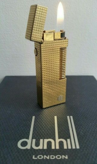 Newly Serviced,  Dunhill D Logo Hobnail Gold Plate Rollagas Lighter