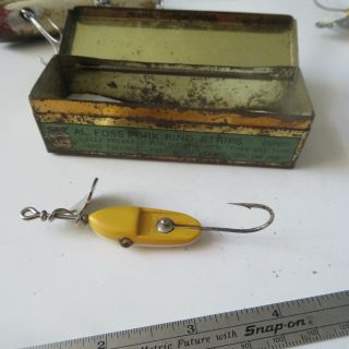 Fishing Lure Al Foss Vintage 4 Oriental Glass Eyes Yellow & White In Tin Box
