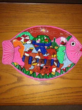 Vintage Fish Shape Mexican Talavera Pottery Hand Painted Wall Art Plate 14 "