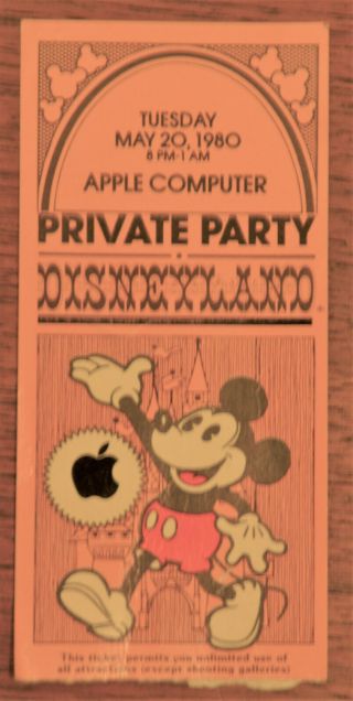 Extremely Rare Ticket,  Apple Computer Private Party,  Disneyland,  May 20,  1980