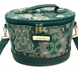 Vintage American Tourister Green Tapestry Carry On Train Case Luggage Bag