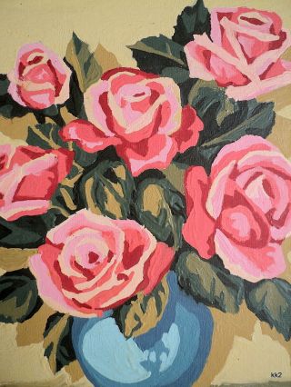 Vtg Pink Roses In Vases Matched Pair Paint By Numbers Paintings 16 " X 18 " Framed