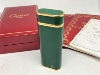 Auth Cartier Green Lacquer K18 Gold - Plated Trim Oval Lighter W Case & Papers