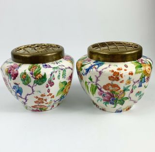 Two Vintage English Porcelain Chintz Floral Pattern Metal Flower Frog Bowl Vases