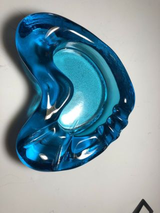 Vintage Blue Glass Ashtray; Mid Century Modern ; Retro 8.  5” L X 7.  5” W X 2.  5” H